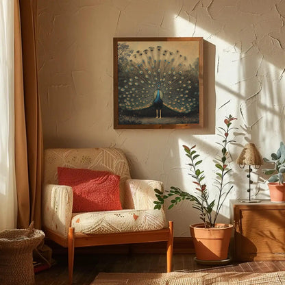 Peacock canvas wall art shown in a living room