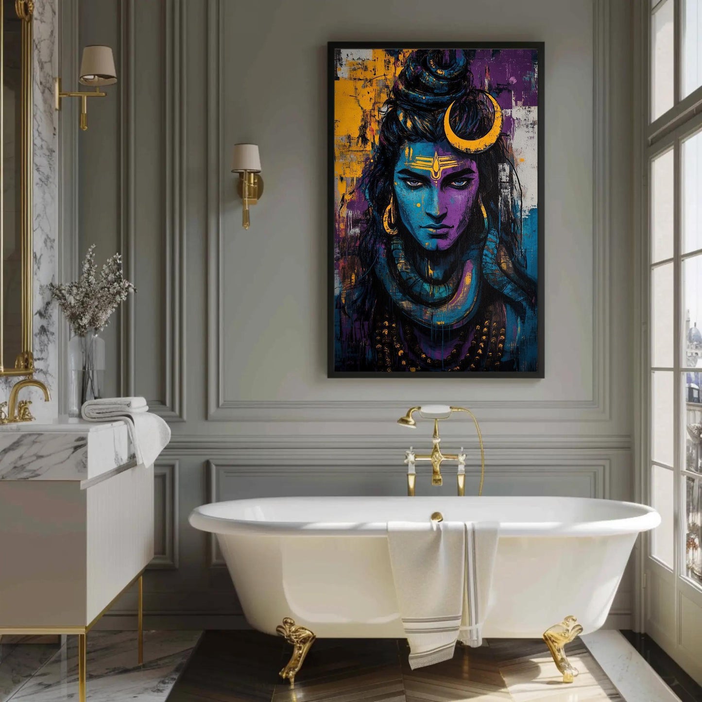Lord Shiva canvas wall art shown in a bathroom