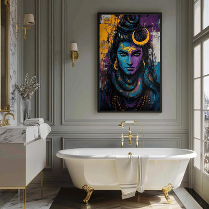 Lord Shiva canvas wall art shown in a bathroom