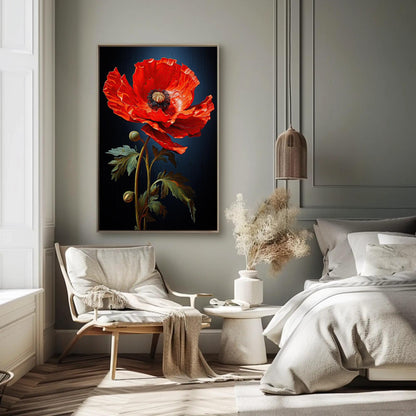 Red poppy on navy canvas wall art, bedroom with a large red flower on the wall, a white chair, a white table with a vase of