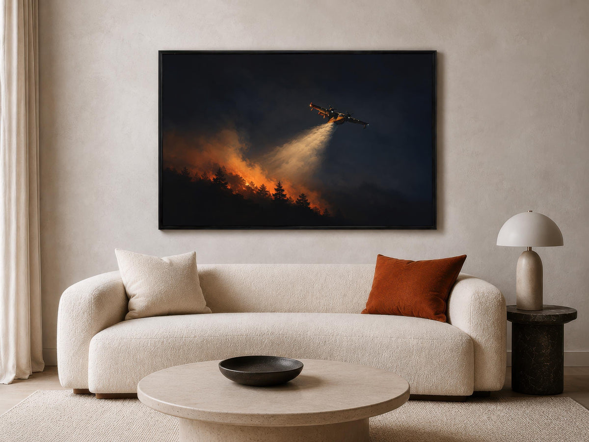 Firefighting plane canvas wall art, air tanker dropping water over a burning pine forest at night