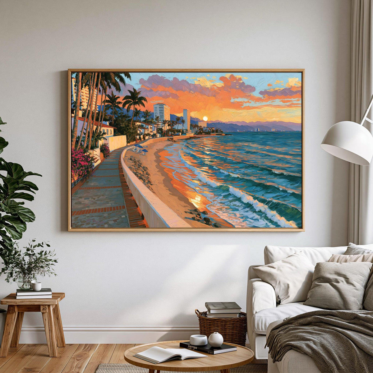 Puerto Vallarta malecon sunset canvas wall art, large painting of a beach scene with palm trees, buildings, and a sunset