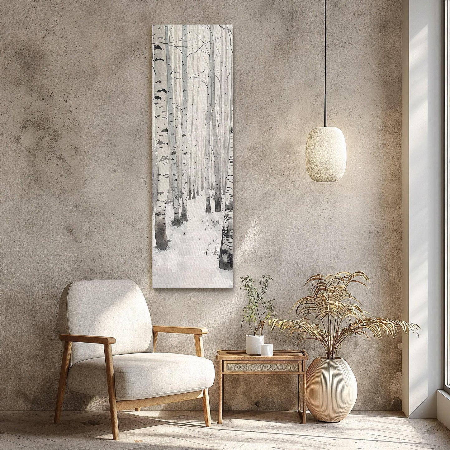 White Birch Tree Canvas, Tall Narrow Forest Wall Art, Winter Landscape Print