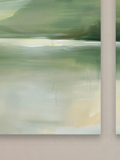 Misty sage lake triptych canvas wall art, image is an abstract painting with a predominantly green and white color palette.
