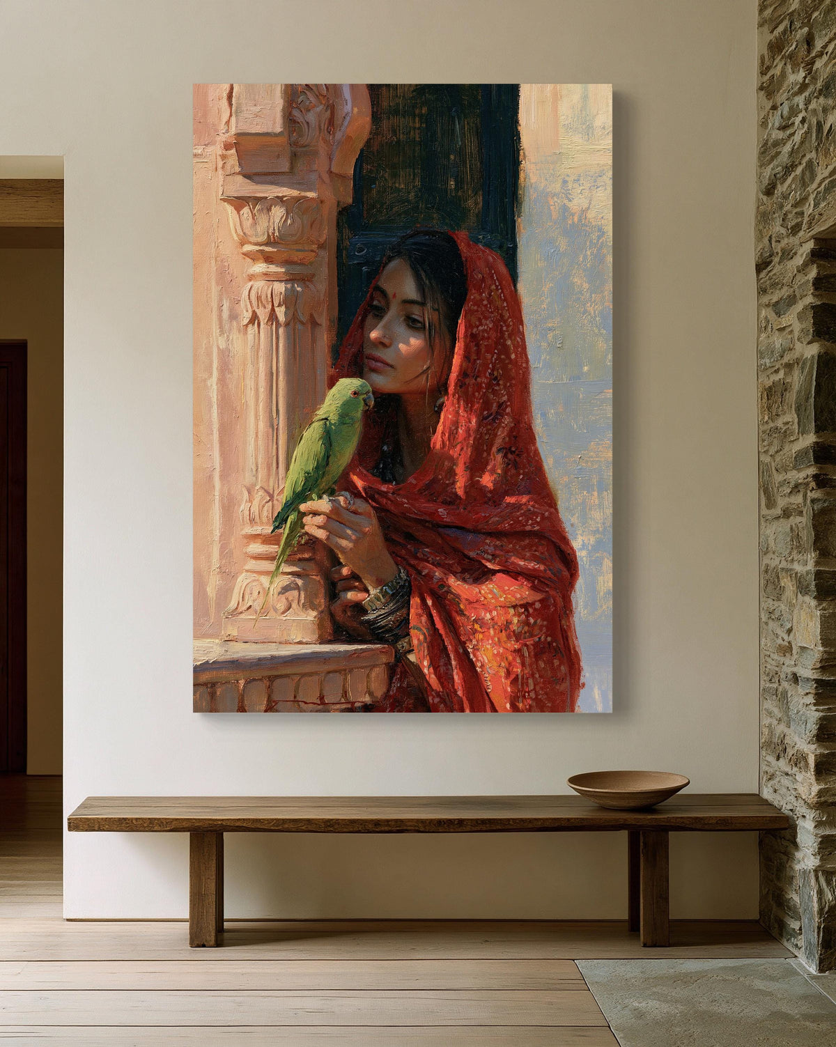 Rajasthani woman canvas wall art, woman in red bandhani veil holding a green parakeet by a carved pillar
