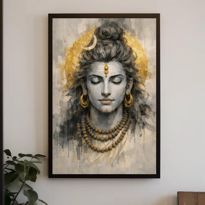Lord Shiva canvas wall art, meditating Mahadev with crescent moon and gold halo