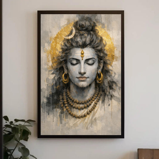 Lord Shiva canvas wall art, meditating Mahadev with crescent moon and gold halo
