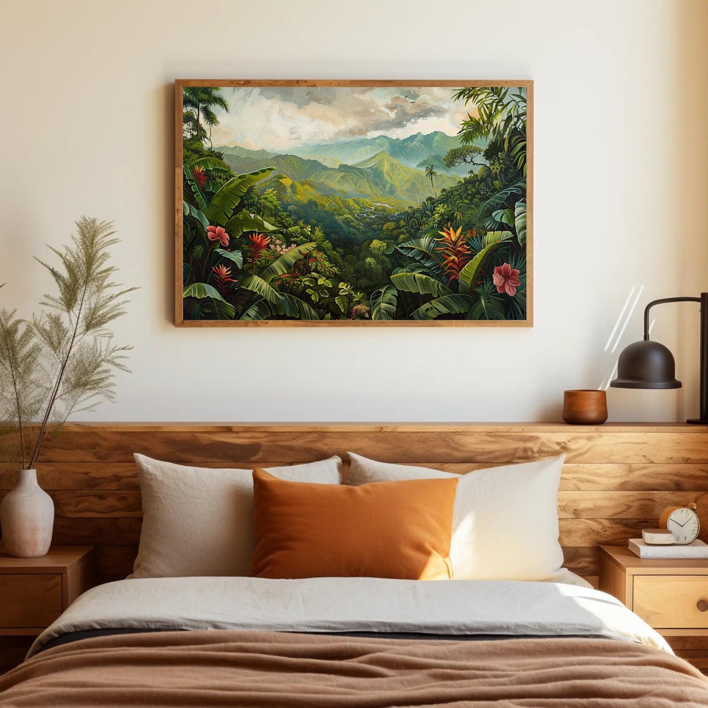 Costa Rica Tropical , Pura Vida Jungle canvas wall art shown in a bedroom