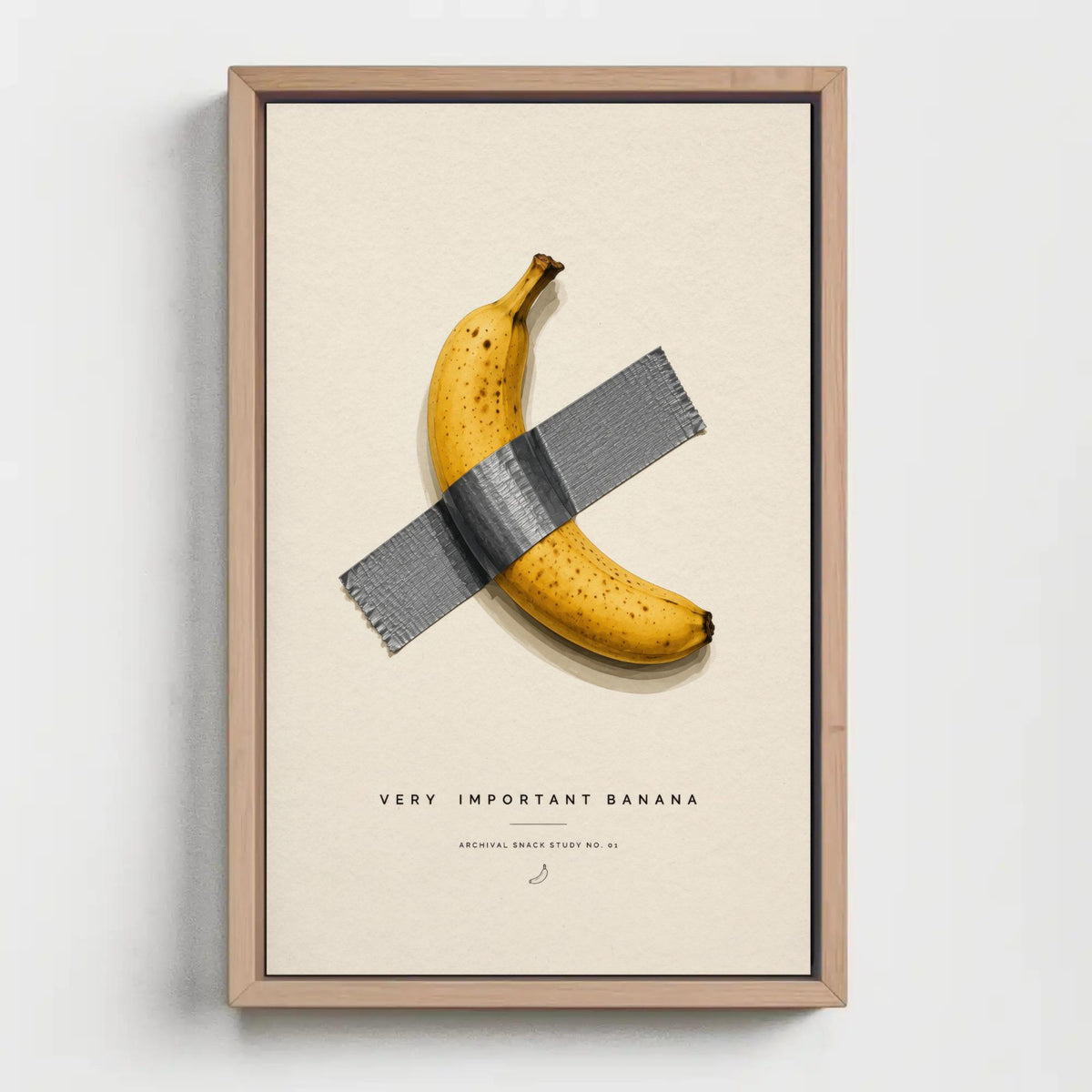 a banana taped to a piece of tape, with the text "Very Important Banana" and "Archival Study No. 51" below it.