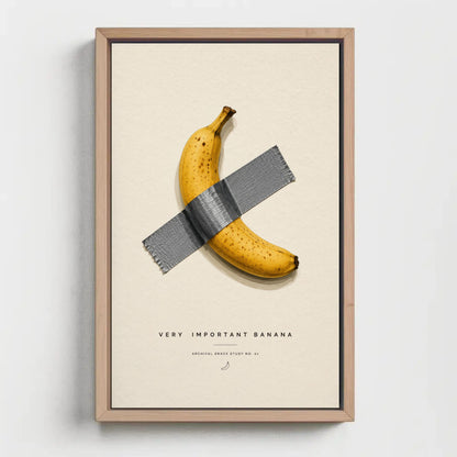 a banana taped to a piece of tape, with the text "Very Important Banana" and "Archival Study No. 51" below it.