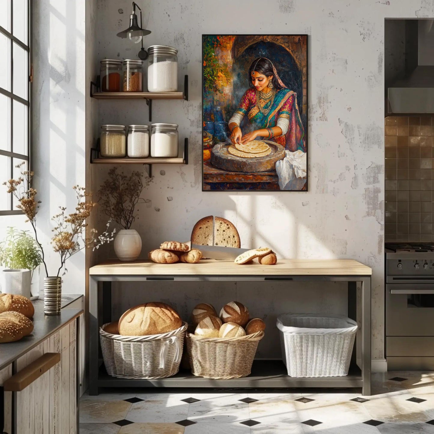 Indian Woman Roti , Traditional Desi Kitchen canvas wall art shown in a kitchen