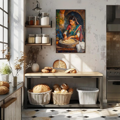 Indian Woman Roti , Traditional Desi Kitchen canvas wall art shown in a kitchen