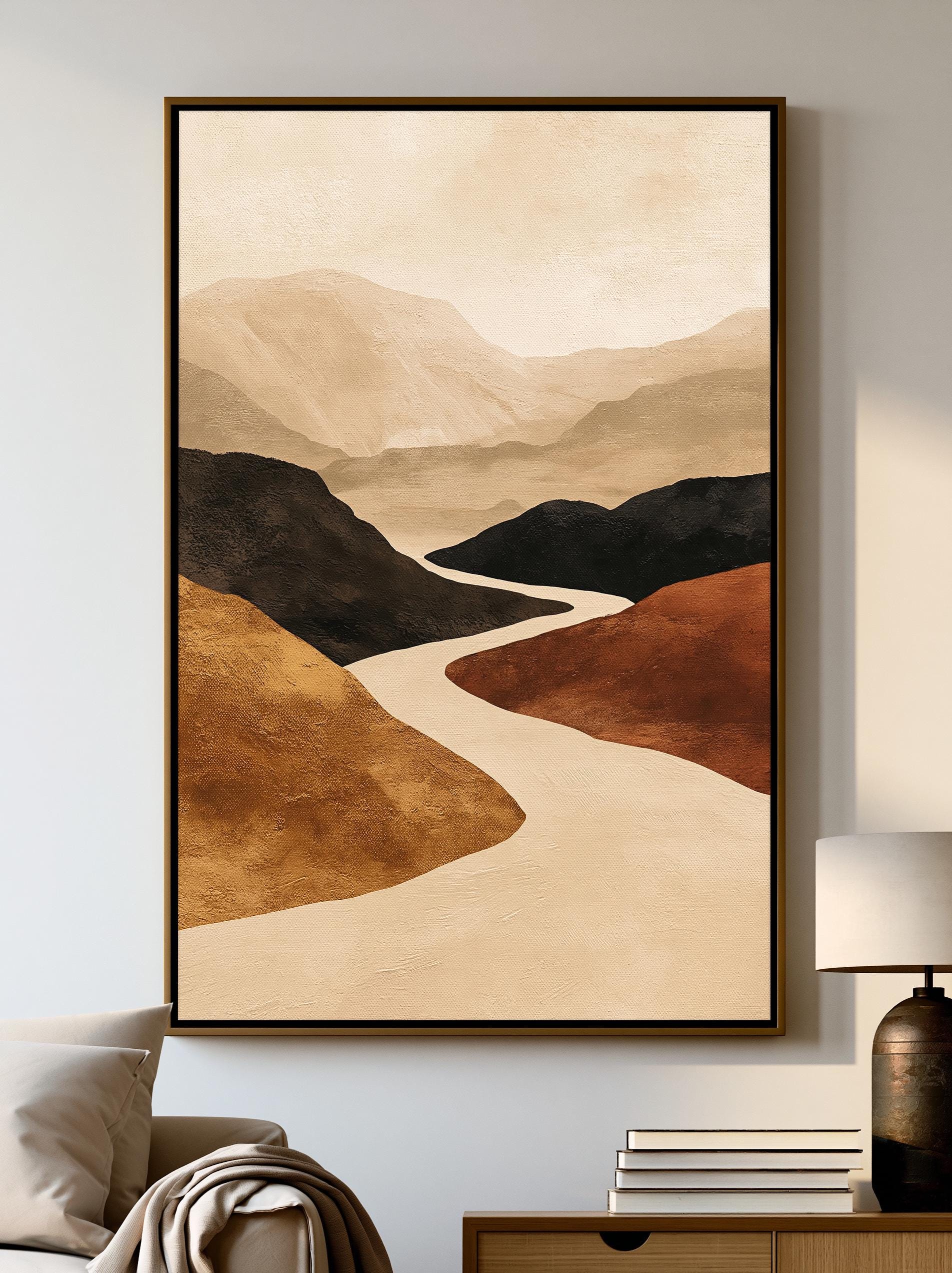 Abstract Mountain Wall Art, Winding River Canvas, Terracotta Ochre