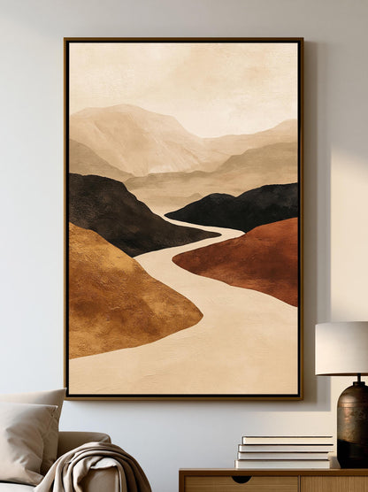 Abstract Mountain Wall Art, Winding River Canvas, Terracotta Ochre