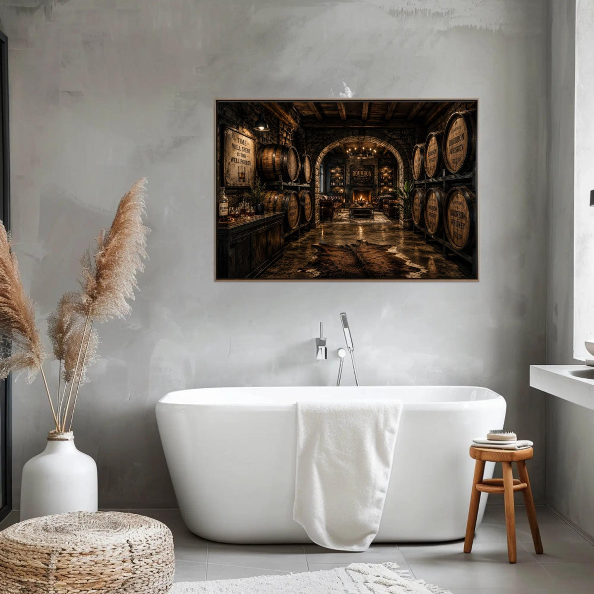 a luxurious bathroom with a large bathtub, wooden barrels lining the walls, and a large framed picture hanging above the bathtub.