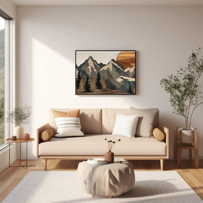 Wood effect mountains canvas wall art, living room with a couch and a painting on the wall