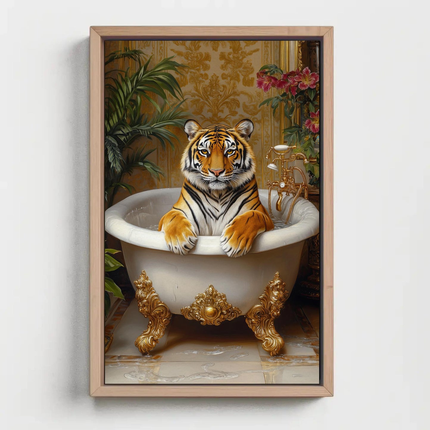 Tiger Bath canvas wall art shown in a styled room