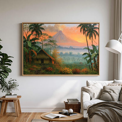 a large painting of a tropical landscape with a mountain in the background, surrounded by lush greenery and palm trees. The painting is hung on a white wall above a couch in a living room setting.