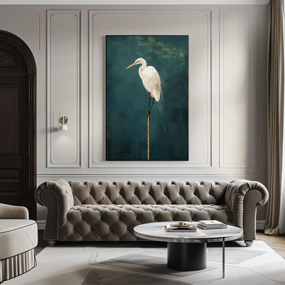 Japanese Crane , Minimalist Tsuru Bird canvas wall art shown in a living room (view 2)