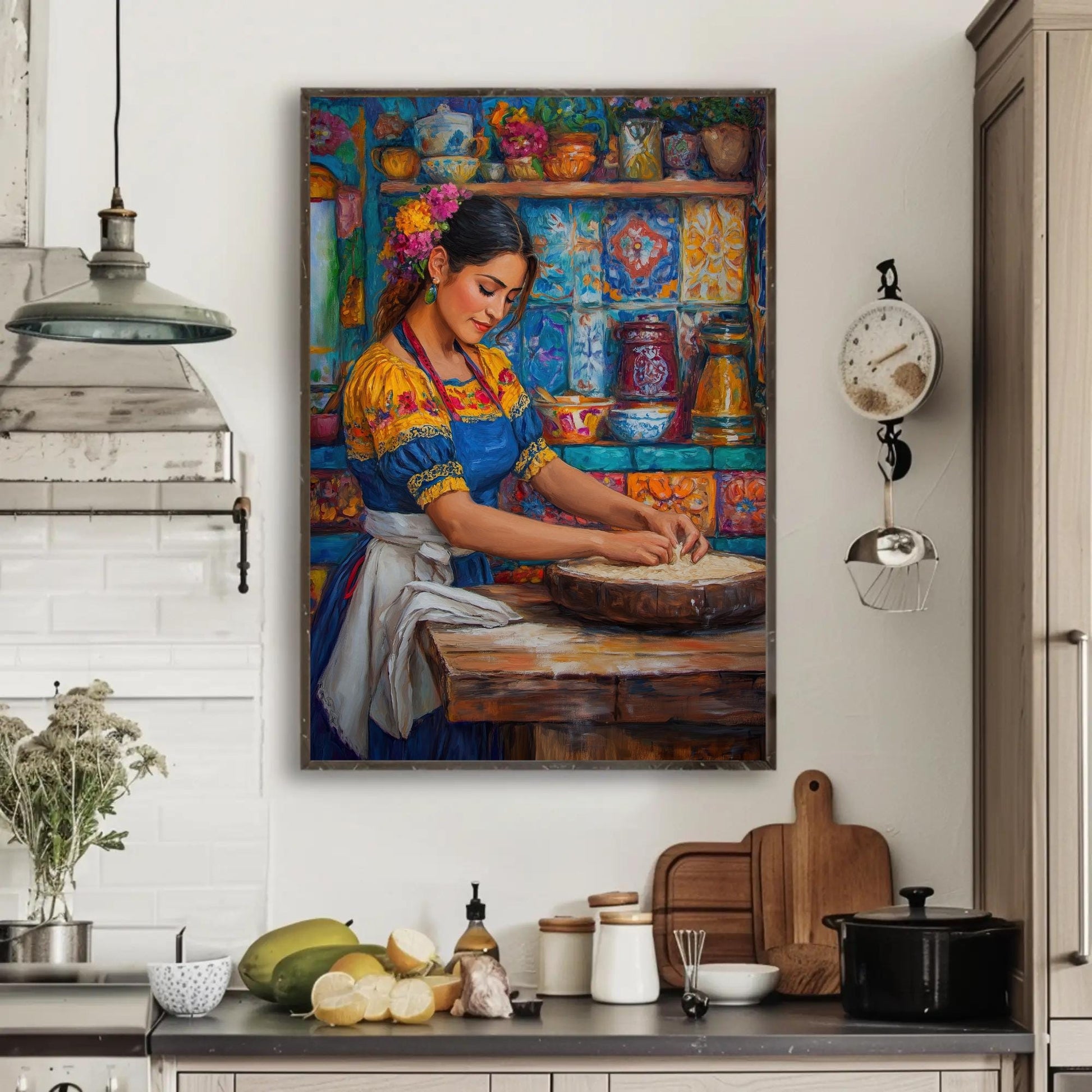 Mexican Kitchen , Abuela Tortilla canvas wall art shown in a kitchen (view 4)