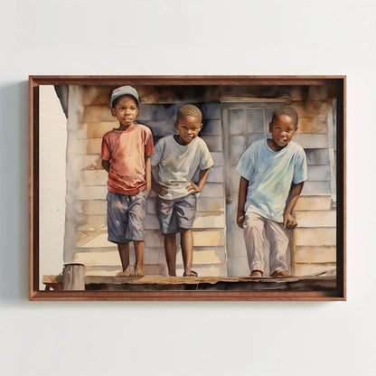African American Art, Framed Canvas Print of Curious Children Watercolor Painting