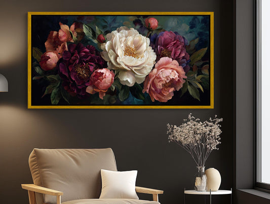 a large floral painting hanging on a wall above a beige armchair in a living room setting.