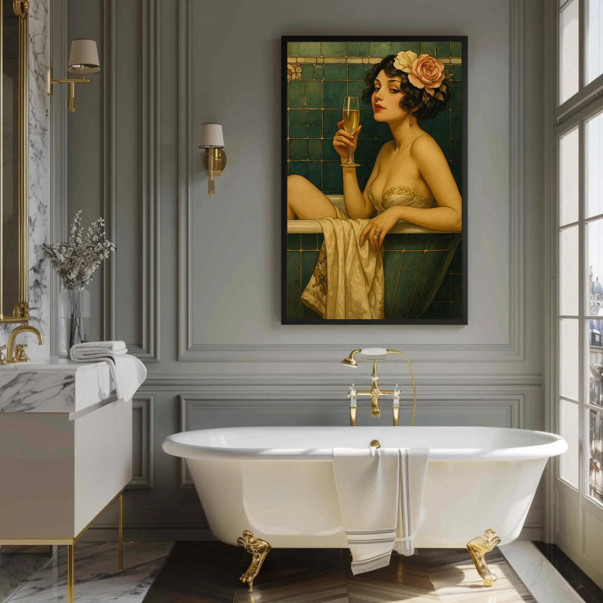 Vintage bathtub woman canvas wall art, bath room with a bath tub and a painting on the wall
