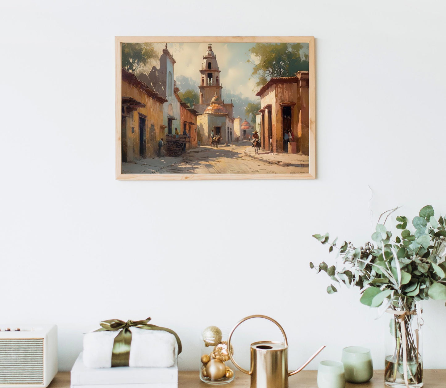 Mexican Village Painting folk art canvas wall art, ready to hang