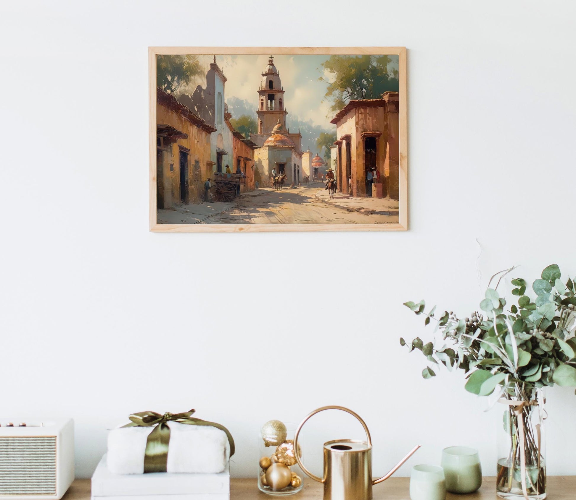 Mexican Village Painting folk art canvas wall art, ready to hang