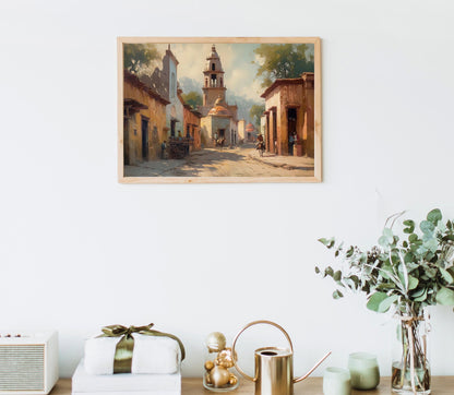Mexican Village Painting folk art canvas wall art, ready to hang