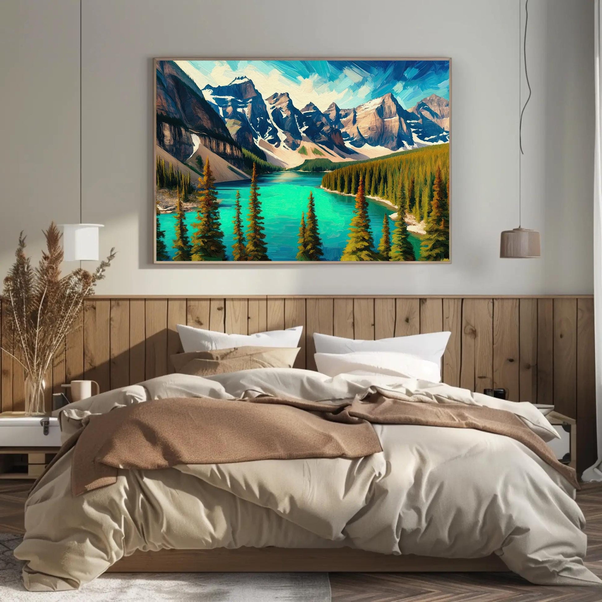 Moraine Lake Oil Painting canvas wall art shown in a bedroom (view 3)