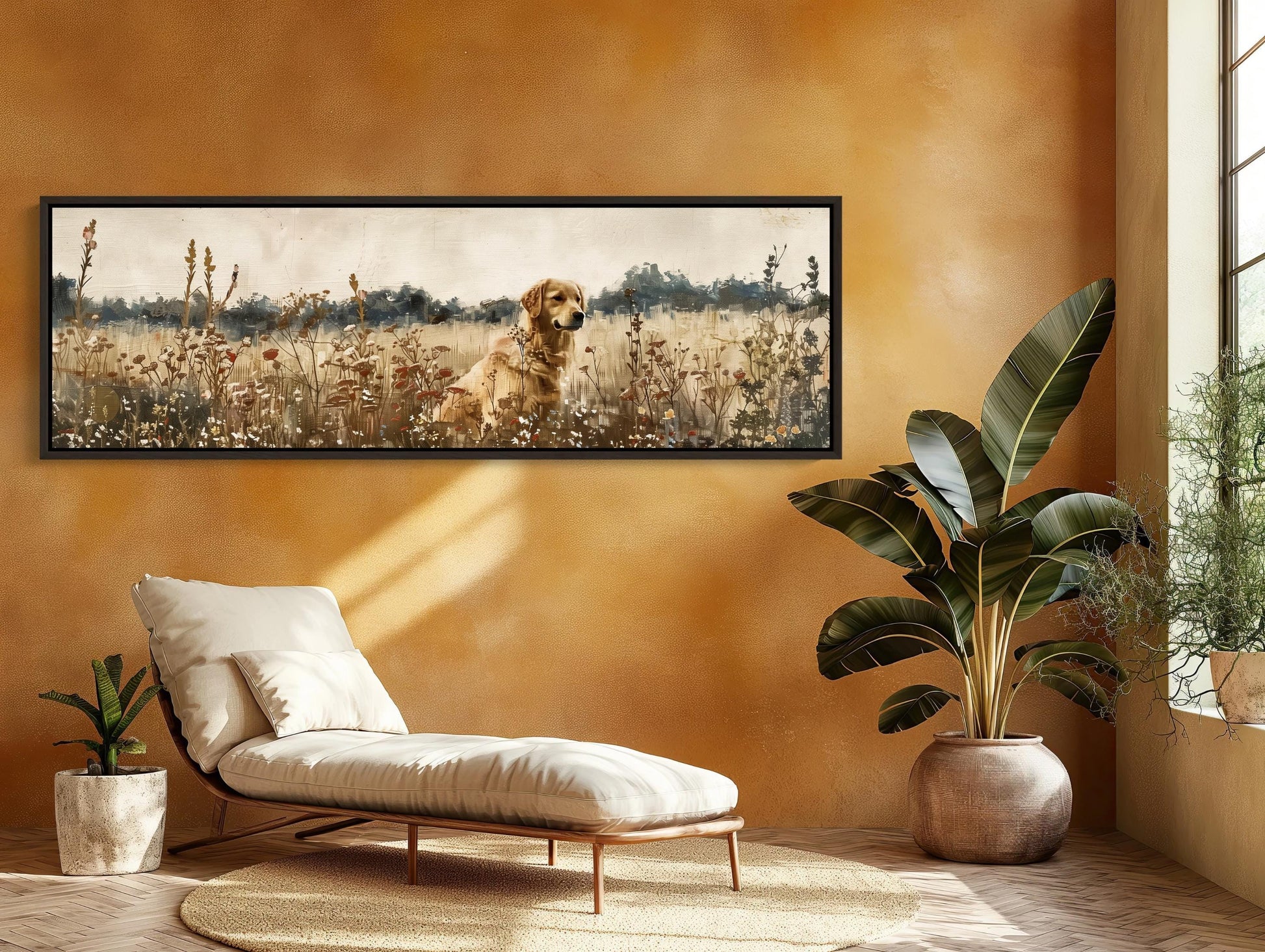 a painting of a dog sitting in a field of flowers