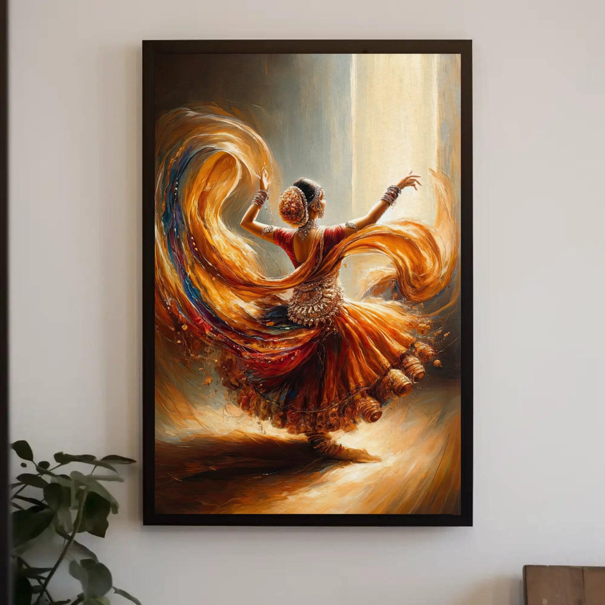 Indian Dancer , South Indian Bharatanatyam canvas wall art shown in a styled interior