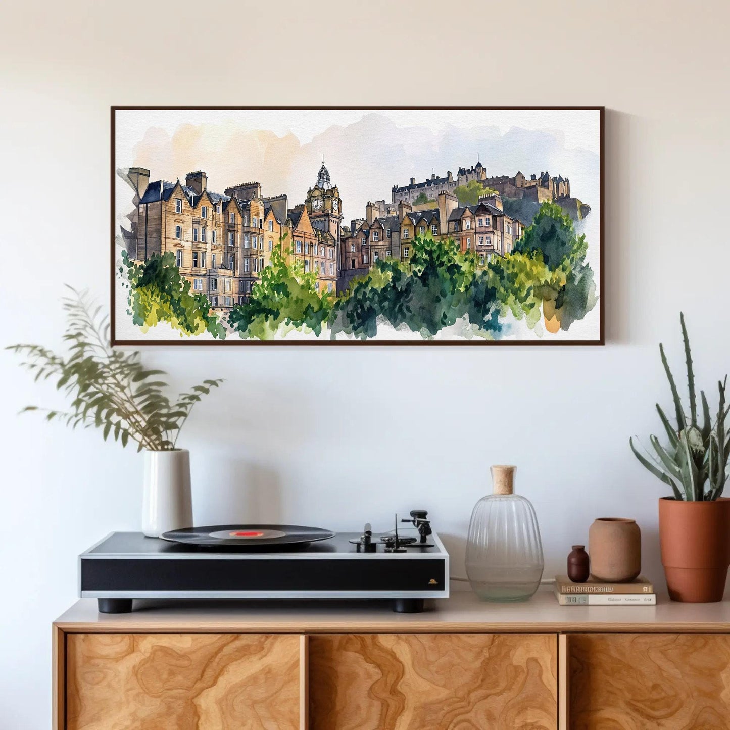 Edinburgh Scotland canvas wall art shown above a cabinet