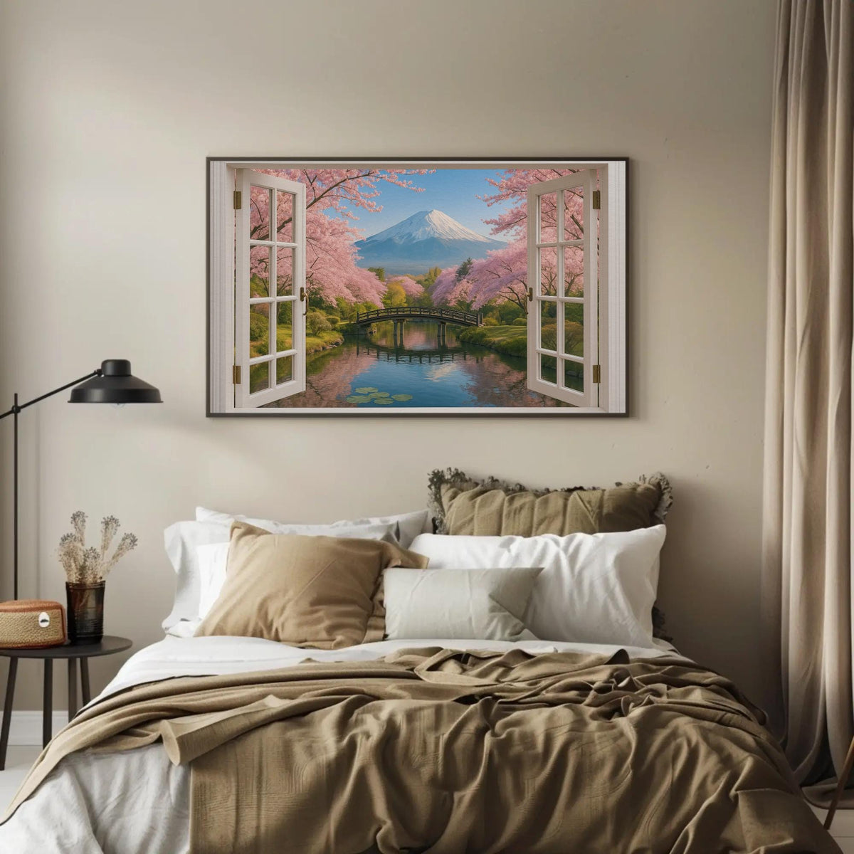 Mount Fuji window view canvas wall art, bedroom with a bed and a painting on the wall
