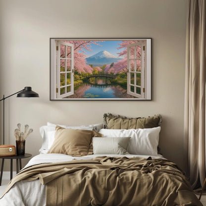 Mount Fuji window view canvas wall art, bedroom with a bed and a painting on the wall