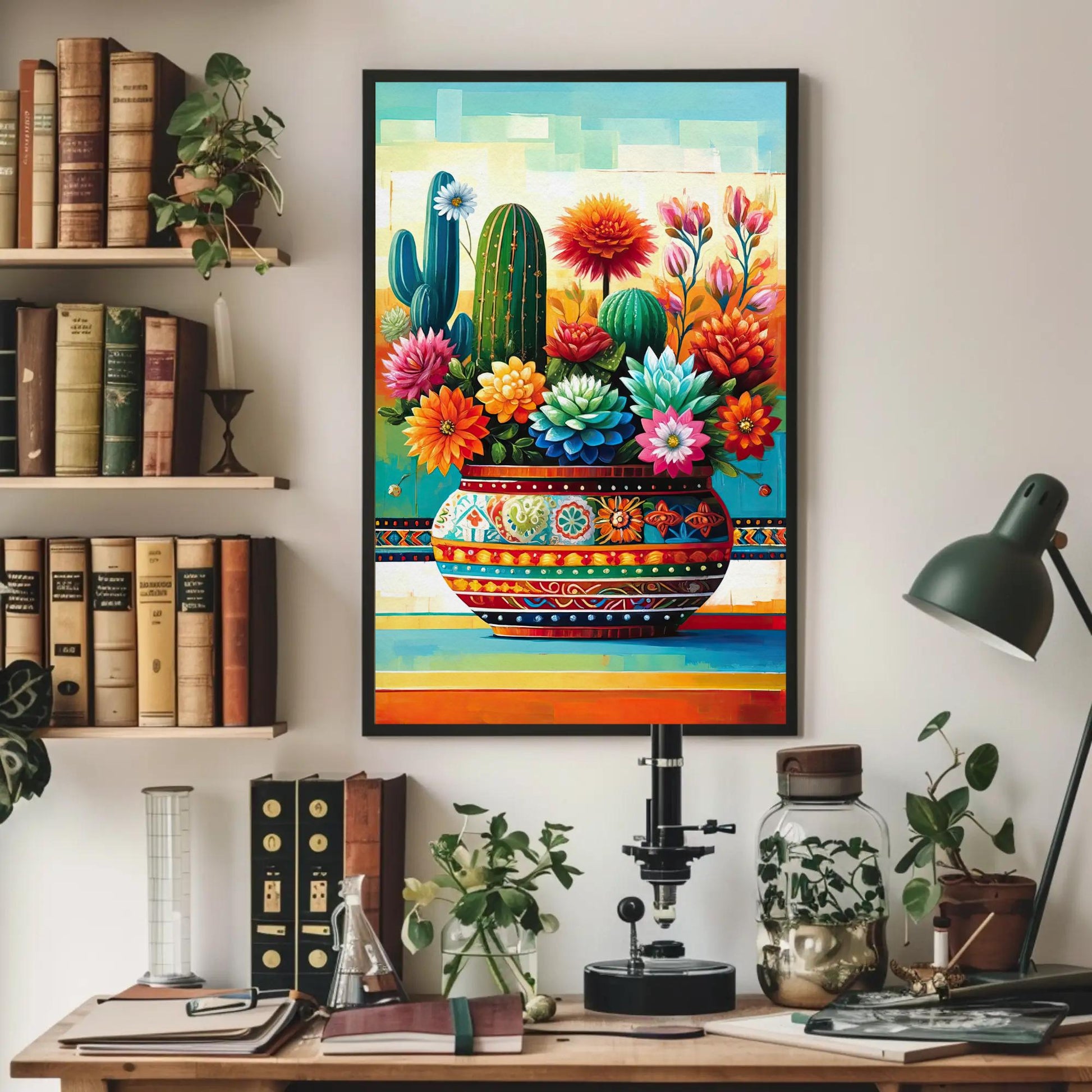 Mexican Floral Cactus , Vibrant Fiesta canvas wall art shown in a styled room (view 4)