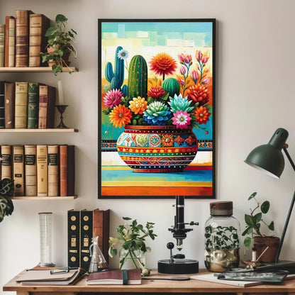 Mexican Floral Cactus , Vibrant Fiesta canvas wall art shown in a styled room (view 4)