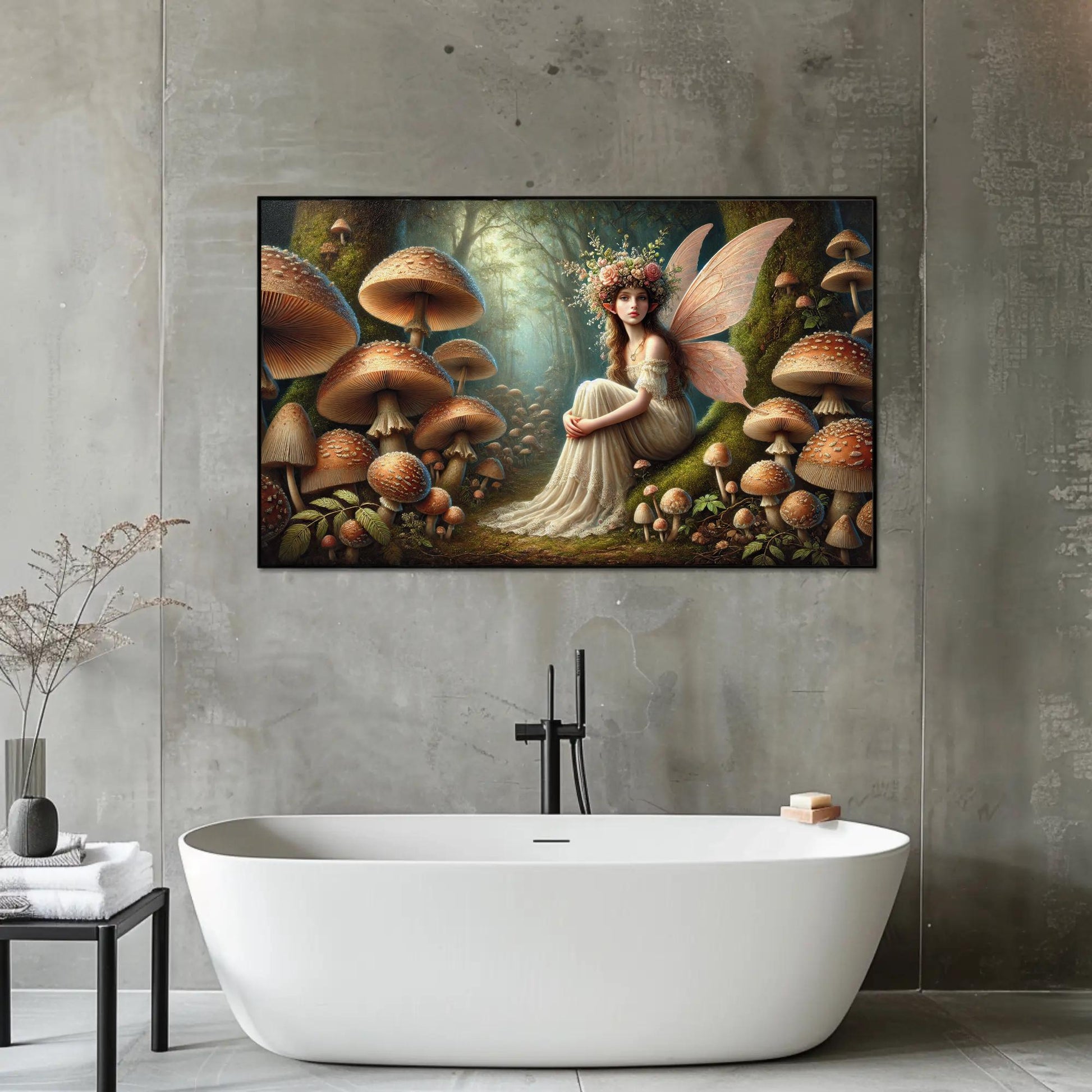Forest Fairy canvas wall art shown in a bathroom