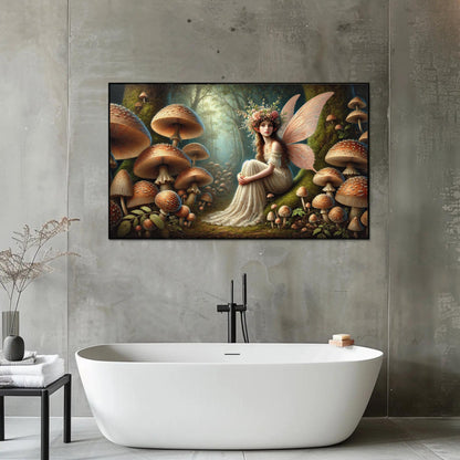 Forest Fairy canvas wall art shown in a bathroom