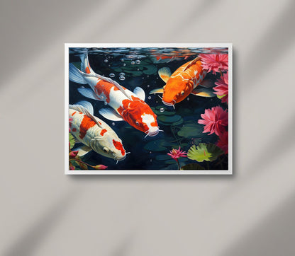 Koi fish pond canvas wall art in a room setting