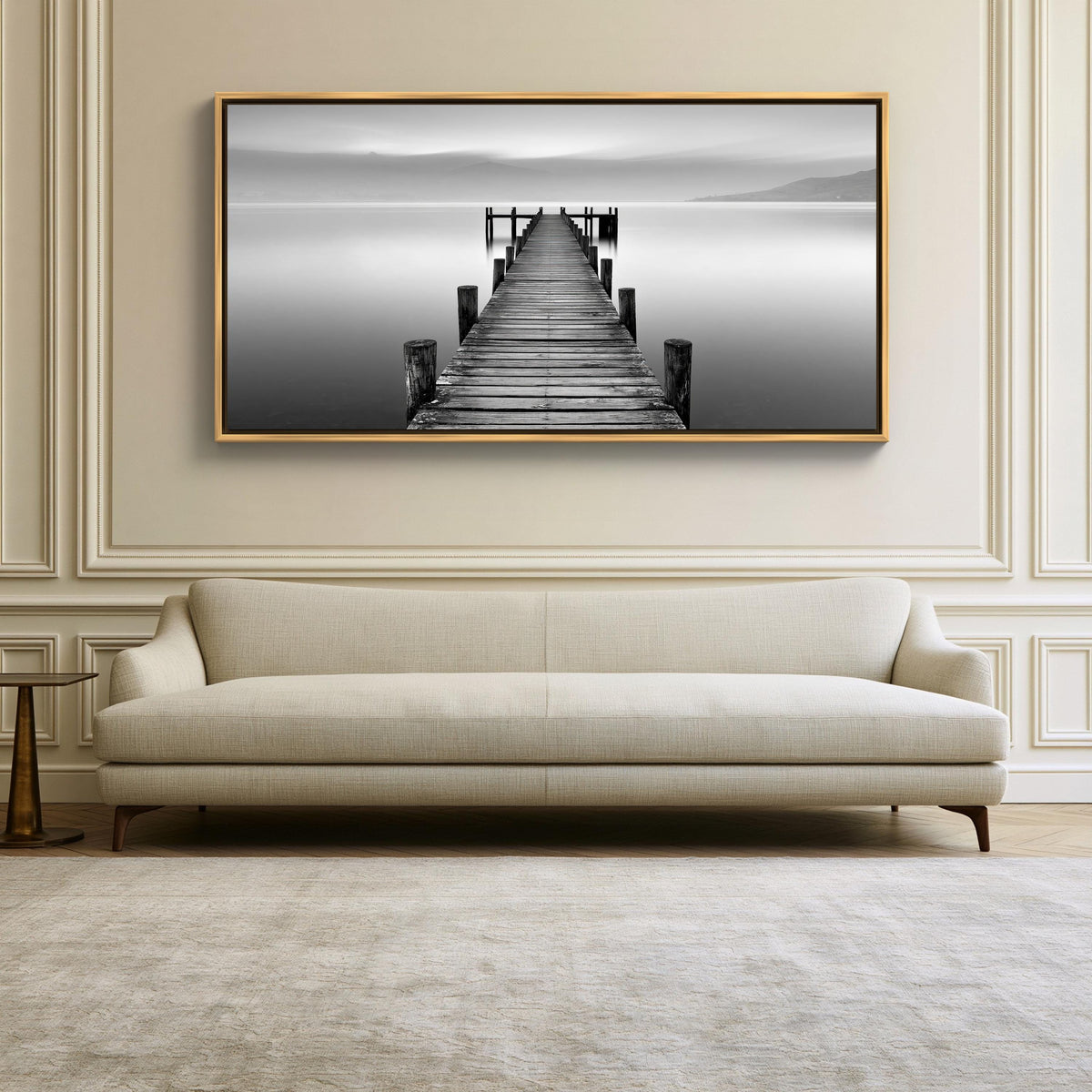 Black and white lake pier canvas wall art, large black and white photograph of a wooden pier extending into a calm body of