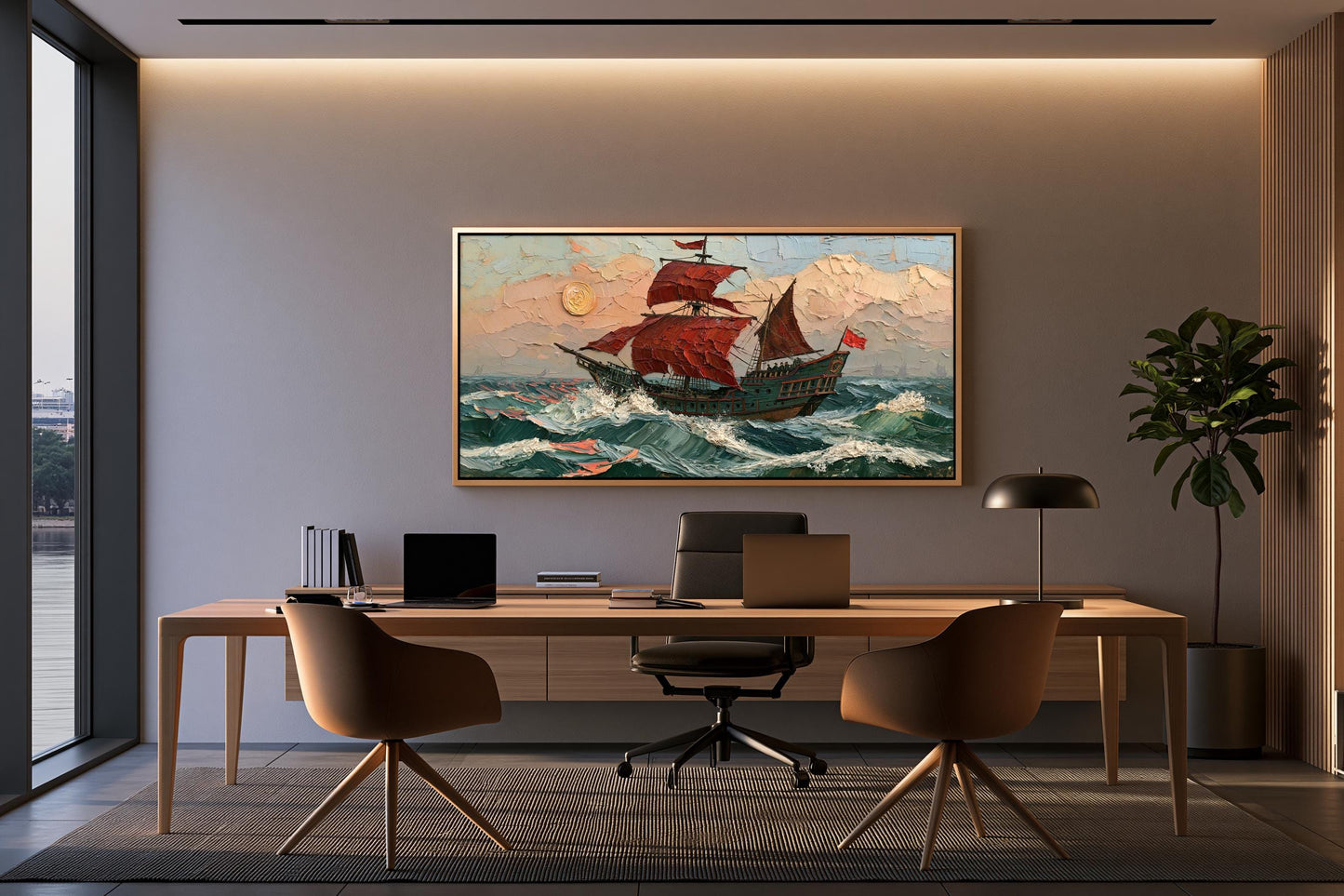 a modern office space with a large painting of a sailing ship on the wall above a wooden desk with a laptop and other office supplies.