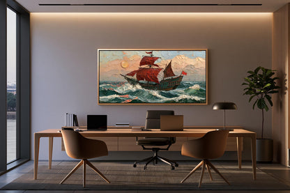 a modern office space with a large painting of a sailing ship on the wall above a wooden desk with a laptop and other office supplies.