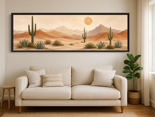 Saguaro desert panorama canvas wall art, large framed painting of a desert landscape with cacti and mountains in the