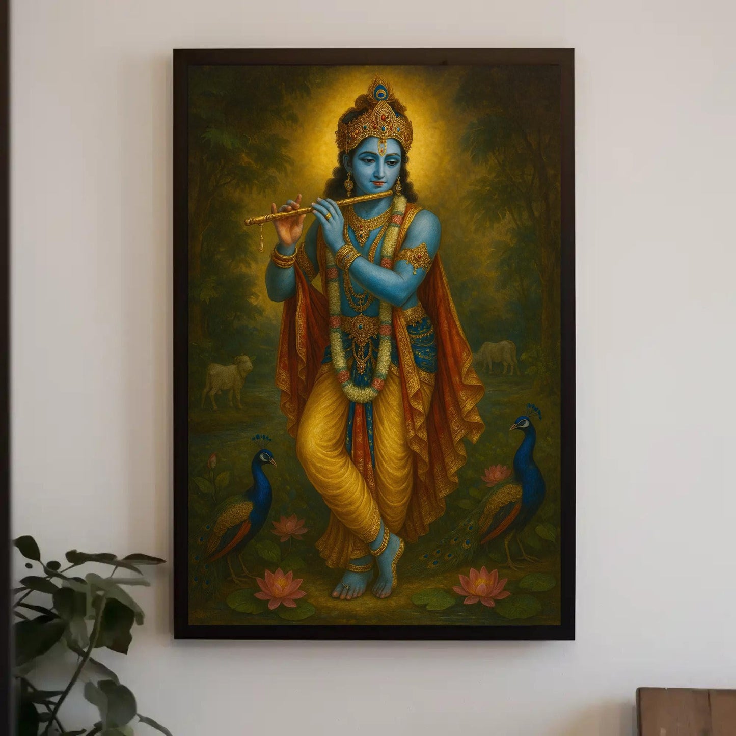 Krishna Flute Canvas, Hindu God Art With Peacock & Lotus Flower Painting