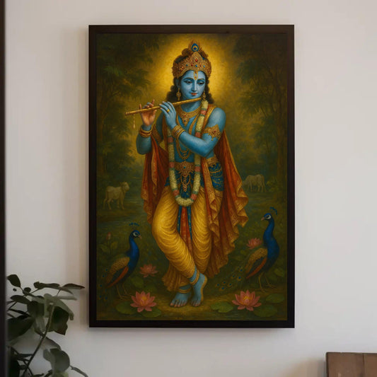 a painting of a hindu god playing a flute