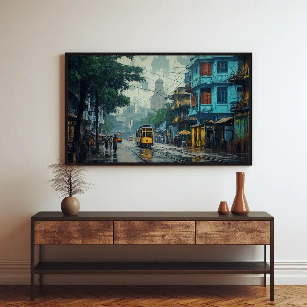 Kolkata , Vibrant Bengali City Street canvas wall art shown in a styled room (view 3)