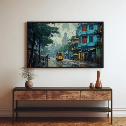 Kolkata , Vibrant Bengali City Street canvas wall art shown in a styled room (view 3)