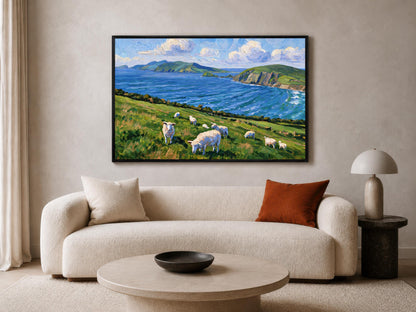 a large painting of a pastoral scene with sheep grazing in a grassy field, set against a backdrop of a blue sky with clouds and a body of water.